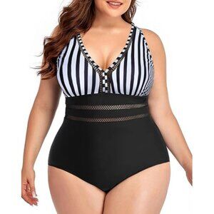 Daci Striped 16W One Piece Swimsuit Tummy Control V-Neck Design Hollow-Out Style